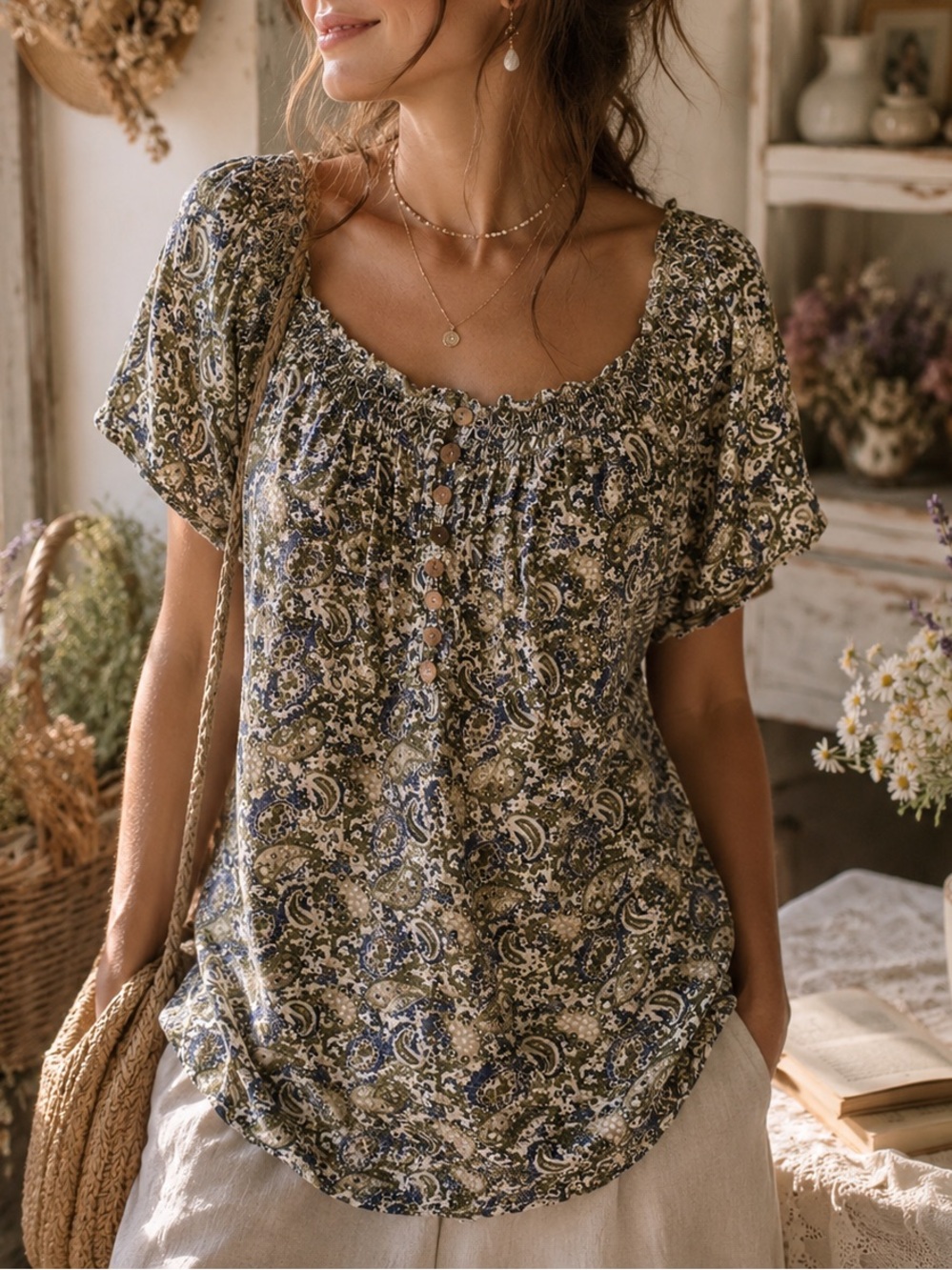 Faded Glory Boho Paisley Top Green Blue Cottagecore Size M Spring Summer